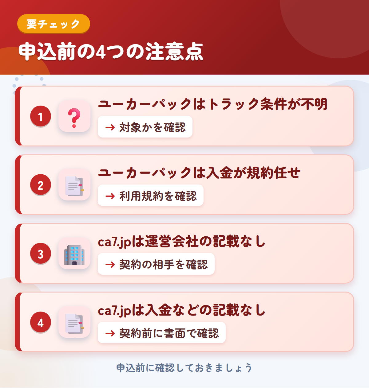 ユーカーパックとca7.jpの申込前の注意点4つ。ユーカーパックはトラック条件が不明、ユーカーパックは入金が規約任せ、ca7.jpは運営会社の記載なし、ca7.jpは入金などの記載なし