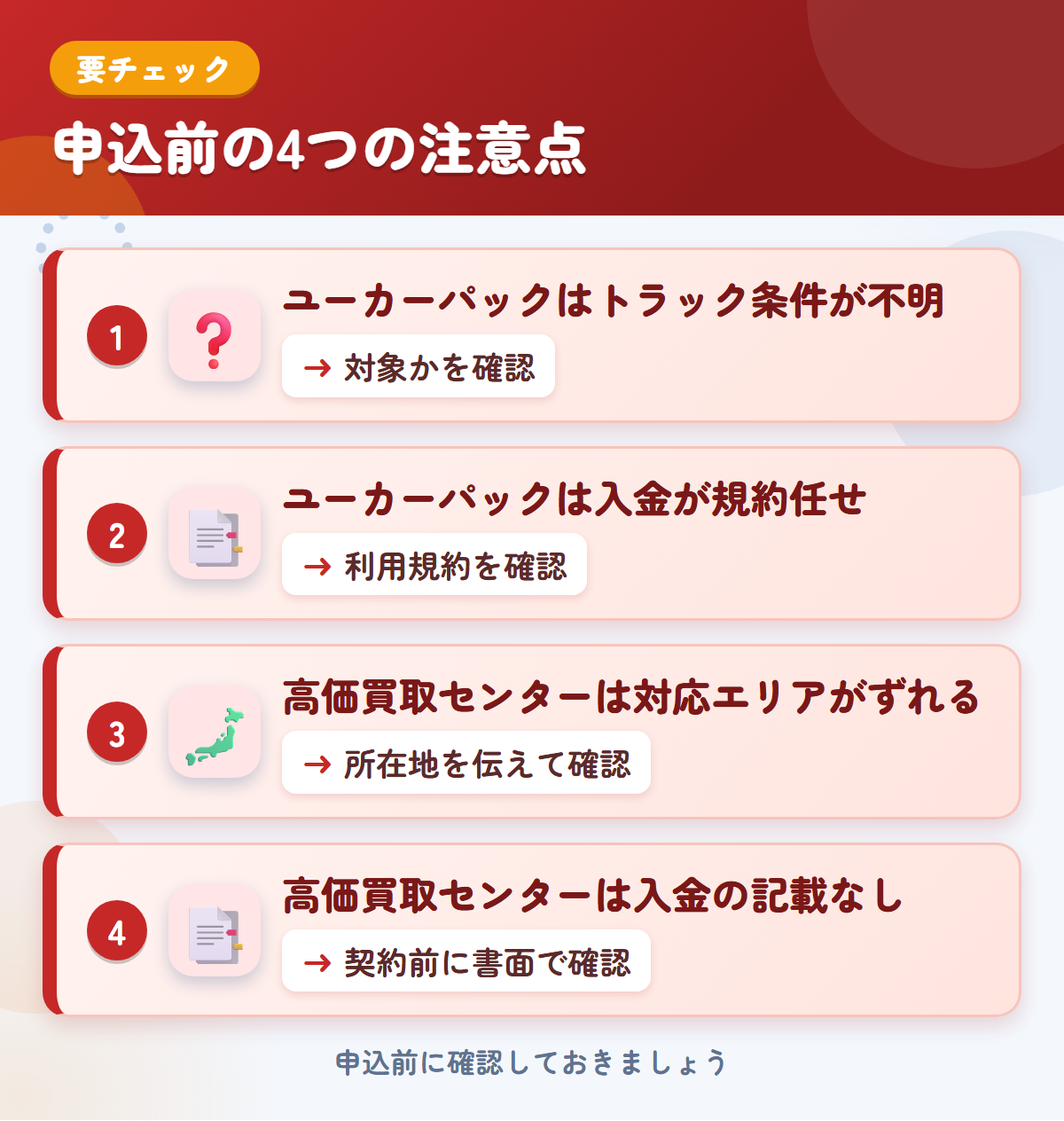 ユーカーパックと高価買取センターの申込前の注意点4つ。ユーカーパックはトラック条件が不明、ユーカーパックは入金が規約任せ、高価買取センターは対応エリアがずれる、高価買取センターは入金の記載なし