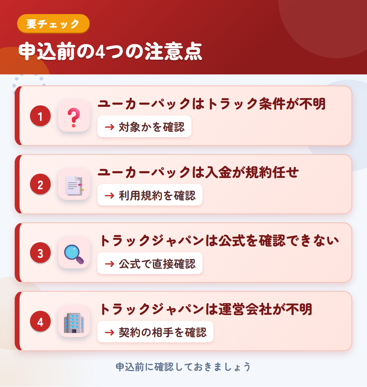 ユーカーパックとトラックジャパンの申込前の注意点4つ。ユーカーパックはトラック条件が不明、ユーカーパックは入金が規約任せ、トラックジャパンは公式を確認できない、トラックジャパンは運営会社が不明