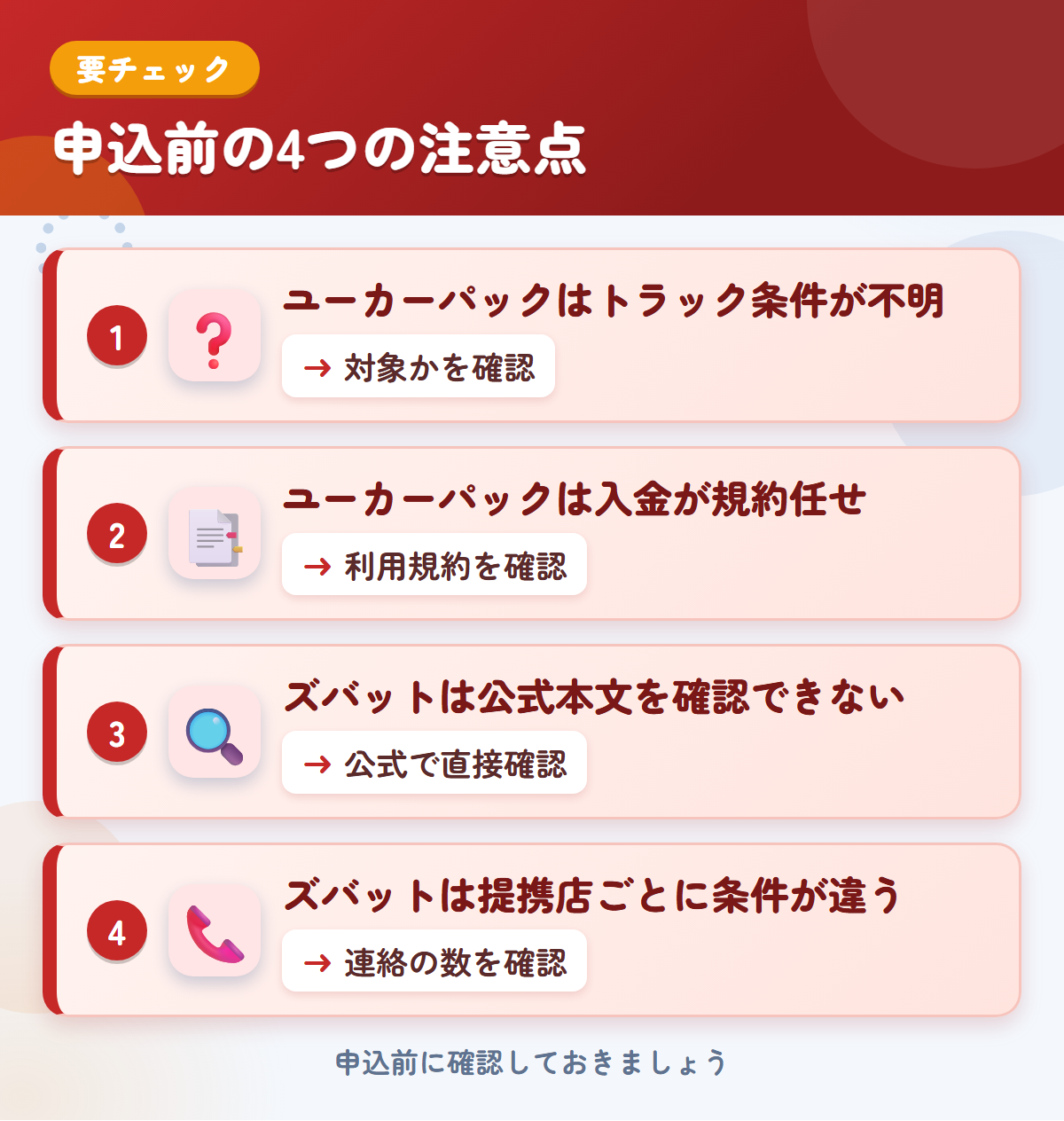 ユーカーパックとズバットの申込前の注意点4つ。ユーカーパックはトラック条件が不明、ユーカーパックは入金が規約任せ、ズバットは公式本文を確認できない、ズバットは提携店ごとに条件が違う