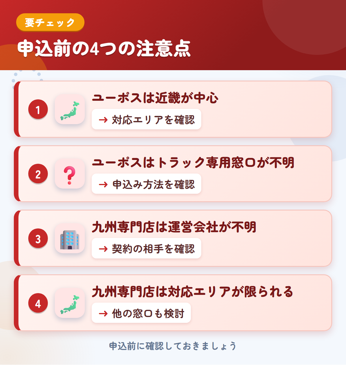 ユーポスと九州専門店の申込前の注意点4つ。ユーポスは近畿が中心、ユーポスはトラック専用窓口が不明、九州専門店は運営会社が不明、九州専門店は対応エリアが限られる