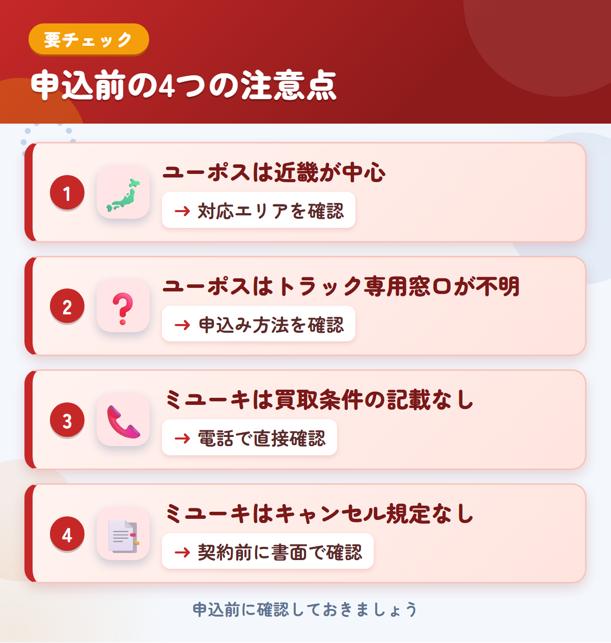 ユーポスとミユーキの申込前の注意点4つ。ユーポスは近畿が中心、ユーポスはトラック専用窓口が不明、ミユーキは買取条件の記載なし、ミユーキはキャンセル規定なし