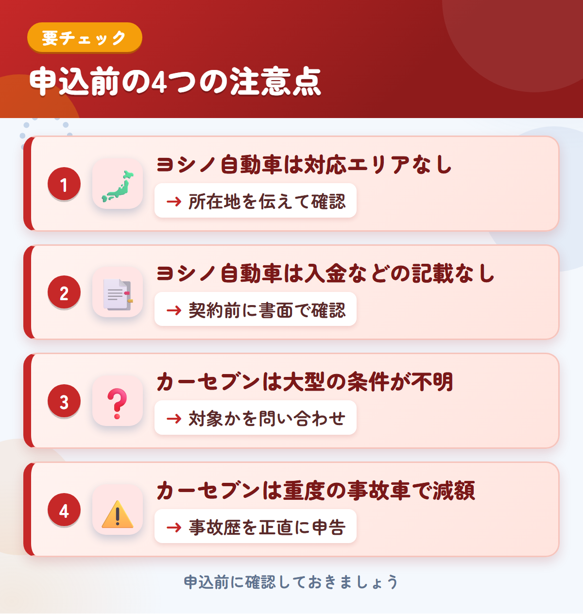 ヨシノ自動車とカーセブンの申込前の注意点4つ。ヨシノ自動車は対応エリアなし、ヨシノ自動車は入金などの記載なし、カーセブンは大型の条件が不明、カーセブンは重度の事故車で減額