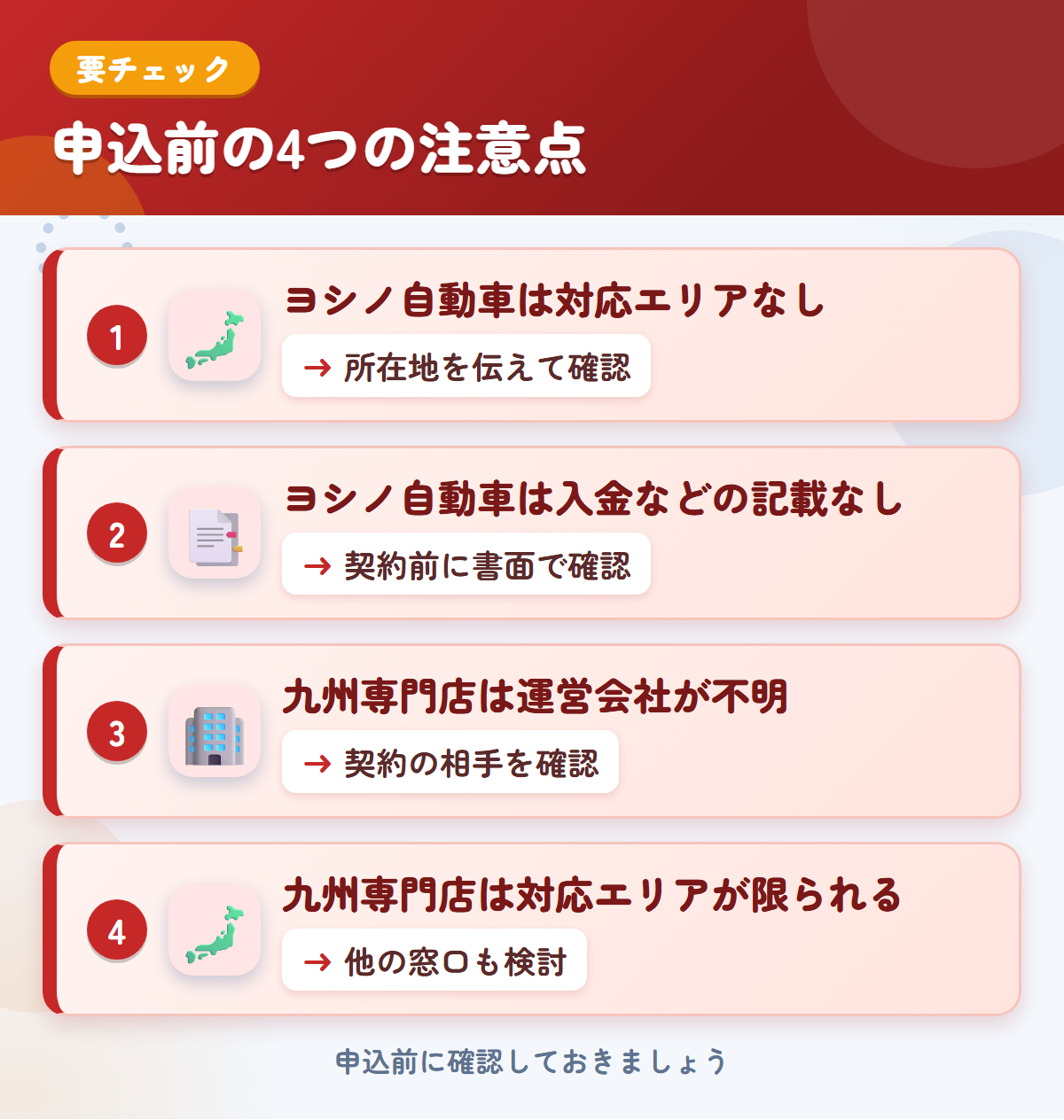 ヨシノ自動車と九州専門店の申込前の注意点4つ。ヨシノ自動車は対応エリアなし、ヨシノ自動車は入金などの記載なし、九州専門店は運営会社が不明、九州専門店は対応エリアが限られる