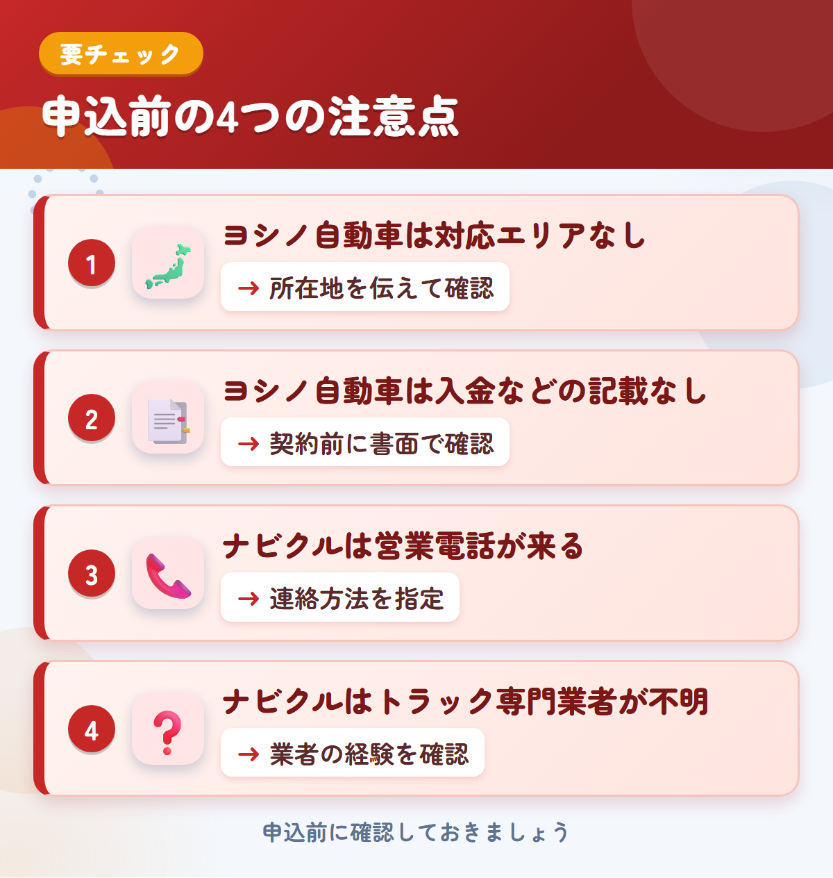 ヨシノ自動車とナビクルの申込前の注意点4つ。ヨシノ自動車は対応エリアなし、ヨシノ自動車は入金などの記載なし、ナビクルは営業電話が来る、ナビクルはトラック専門業者が不明
