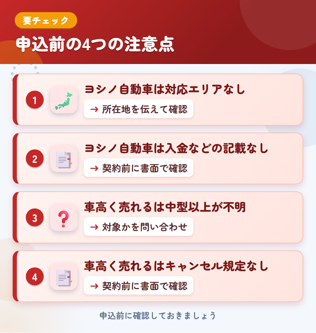 ヨシノ自動車と車高く売れるの申込前の注意点4つ。ヨシノ自動車は対応エリアなし、ヨシノ自動車は入金などの記載なし、車高く売れるは中型以上が不明、車高く売れるはキャンセル規定なし