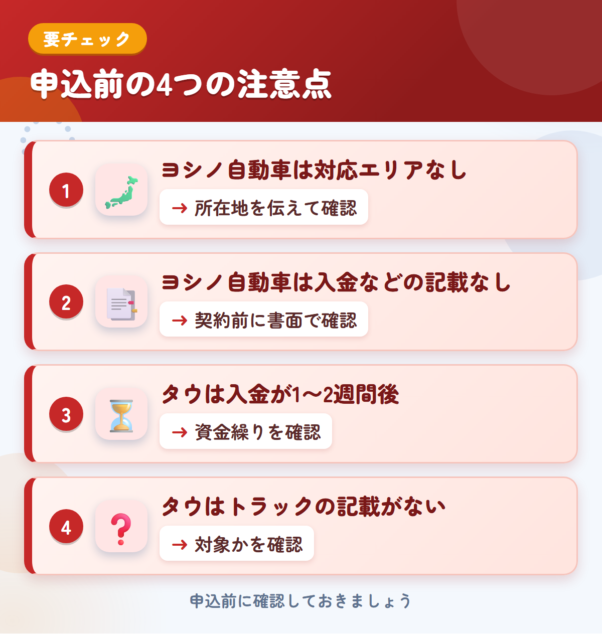 ヨシノ自動車とタウの申込前の注意点4つ。ヨシノ自動車は対応エリアなし、ヨシノ自動車は入金などの記載なし、タウは入金が1〜2週間後、タウはトラックの記載がない
