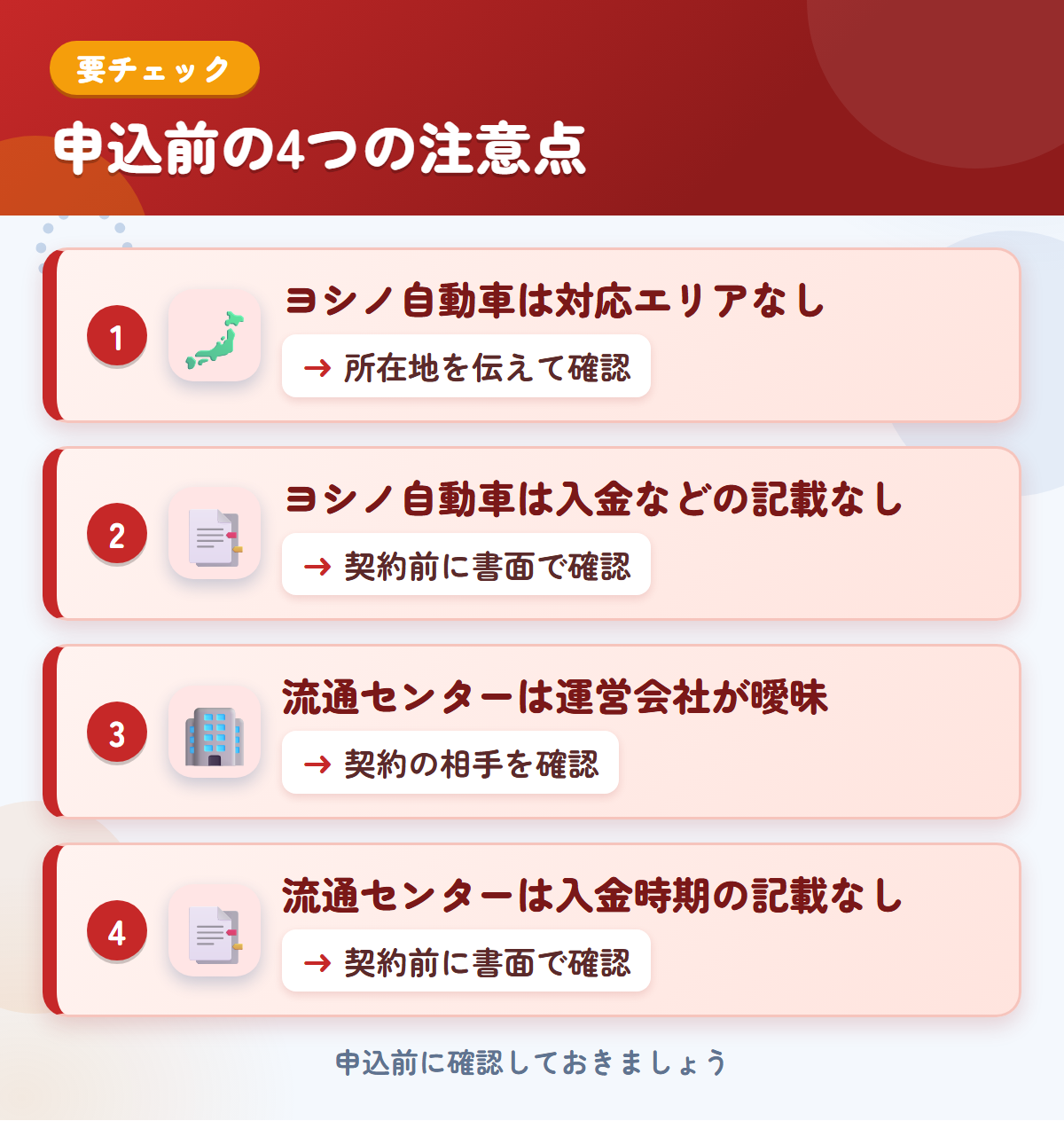 ヨシノ自動車と流通センターの申込前の注意点4つ。ヨシノ自動車は対応エリアなし、ヨシノ自動車は入金などの記載なし、流通センターは運営会社が曖昧、流通センターは入金時期の記載なし